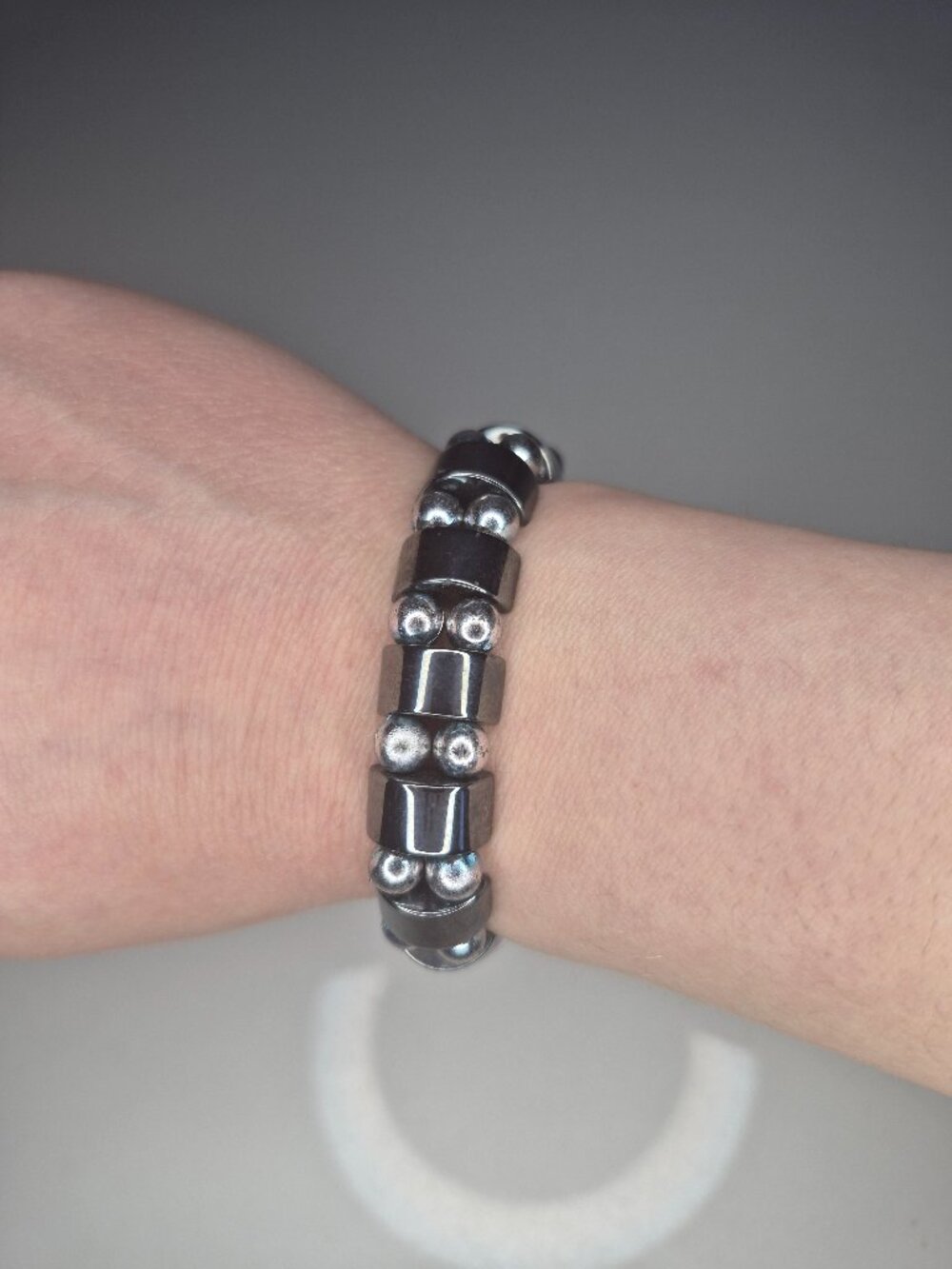 Silver Beaded With Black Smooth Rock Bracelet